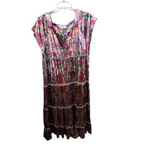 Natural Life Velvet Tiered Maxi Dress Multicolor Floral Short Sleeves XL Brown